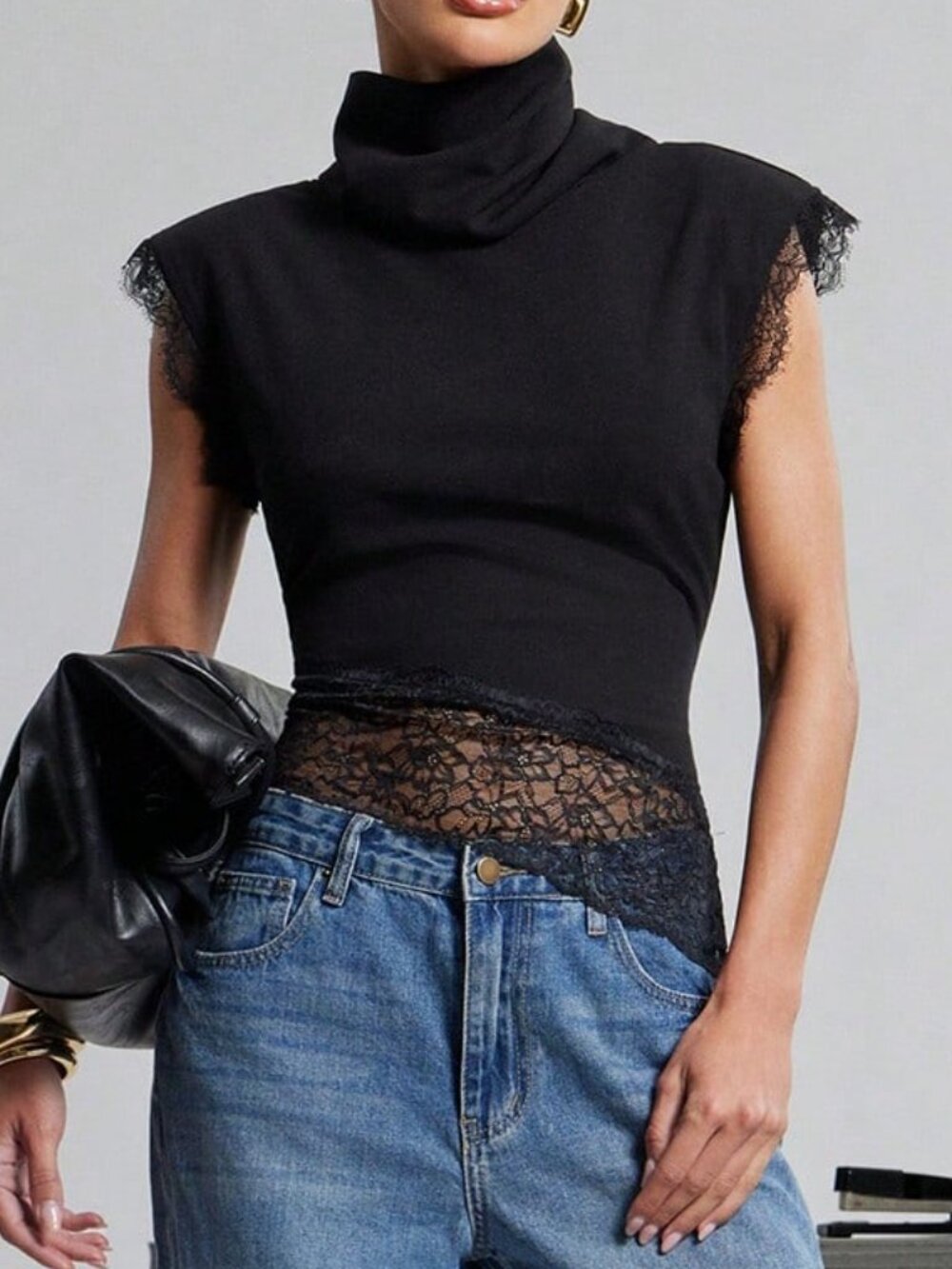 Black Casual Women's Contrast Lace High Neck Crop Flounce Sleeve Knit Top
